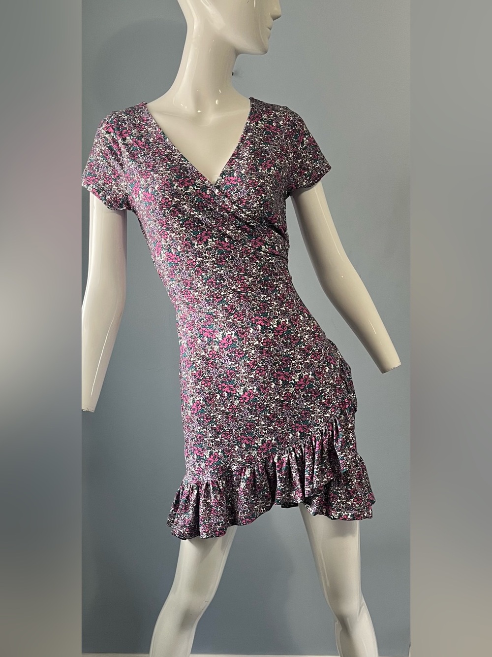 Rebel Sugar Pink & Purple Floral Faux Wrap Stretch Mini Dress Ruffle Hem Size S - Picture 2 of 8